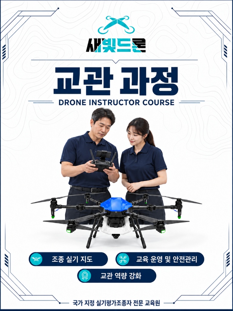 교관 과정 포스터 - 교관이 교육생에게 멀티콥터 조종을 지도하는 모습